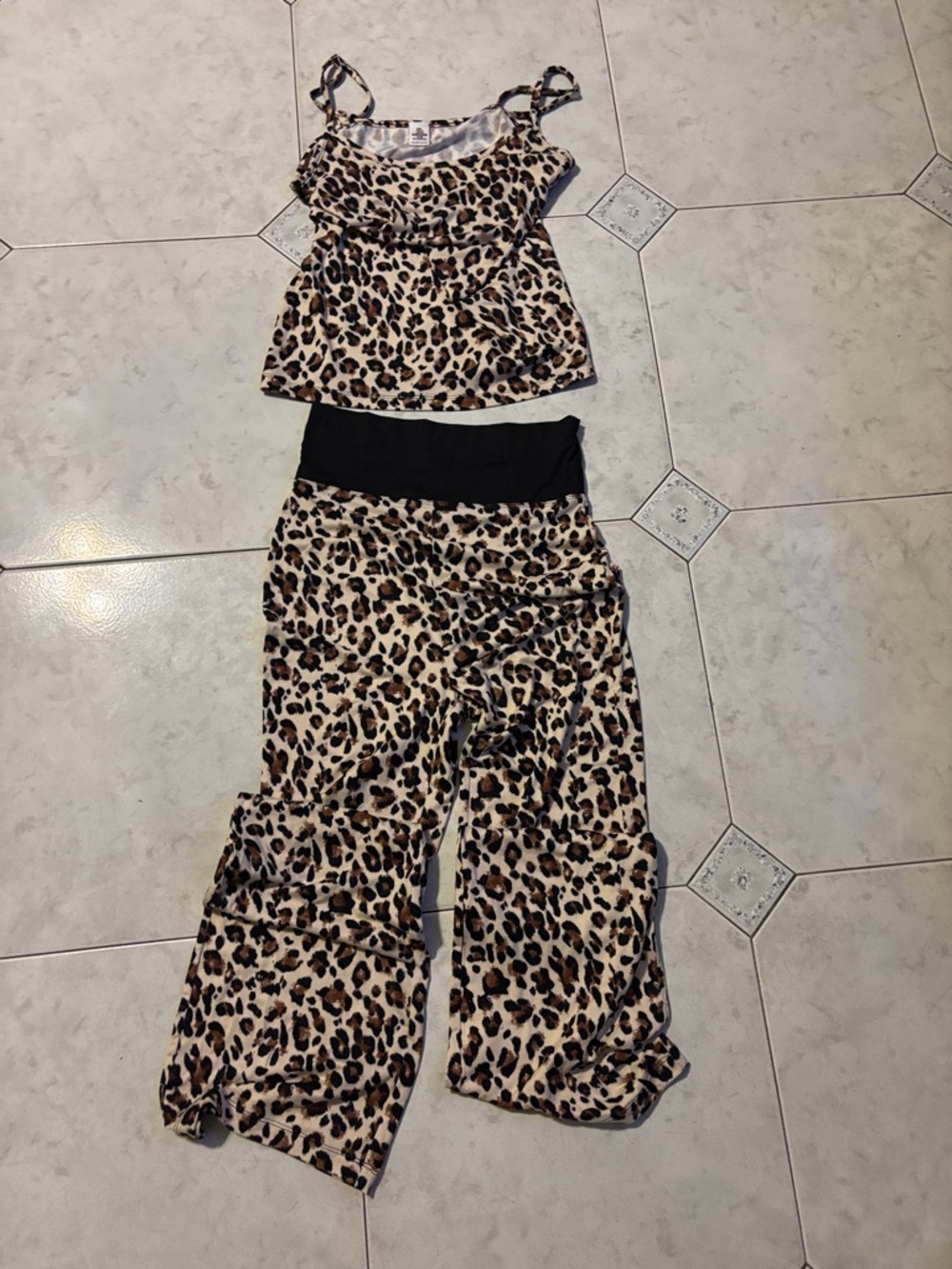Leopard Print Two-Piece Jumpsuit Romper Set - Beige/Black